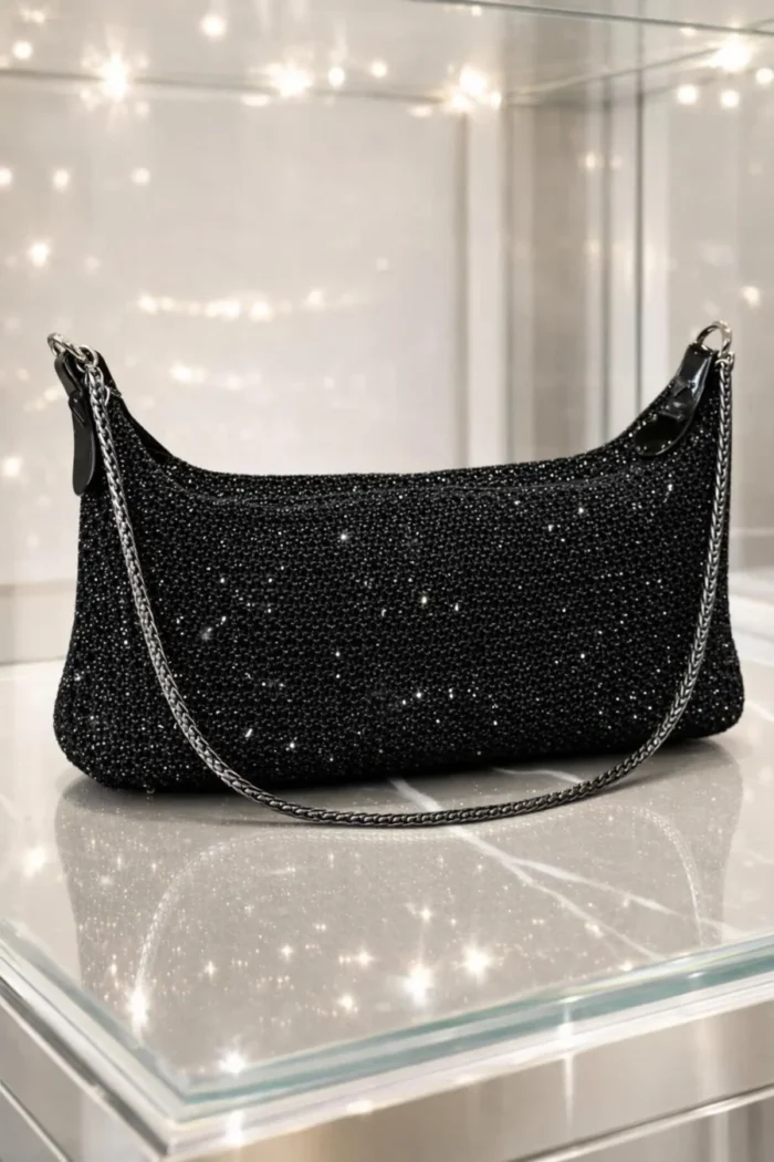Katusa Women's Black Shiny Mesh Knitted Chain Hand and Shoulder Bag
