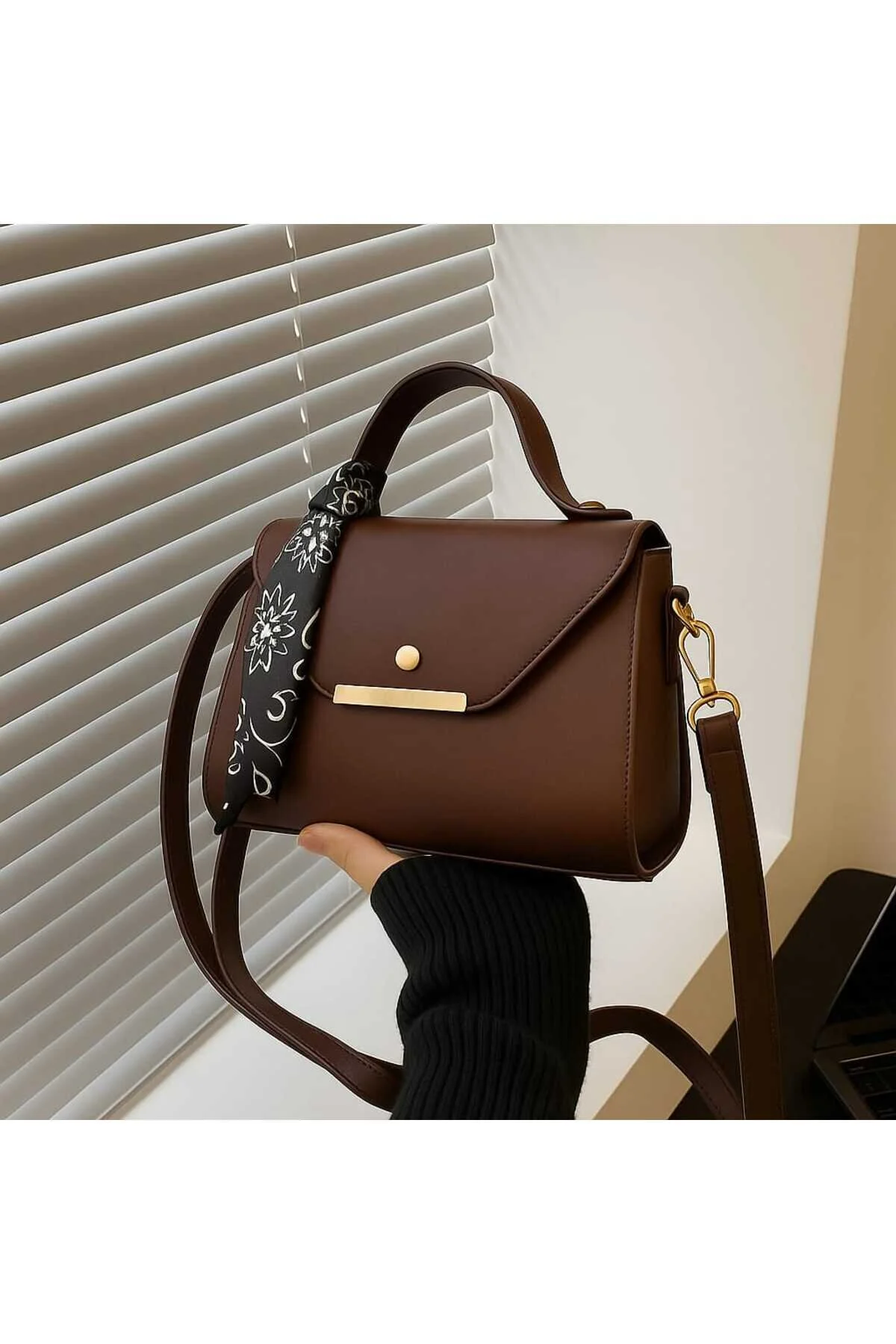 Butik Brown Faux Leather Shoulder & Hand Bag with Scarf Detail