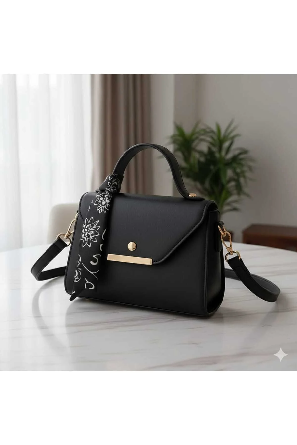 Butik Faux Leather Shoulder & Hand Bag with Scarf Detail (Black)
