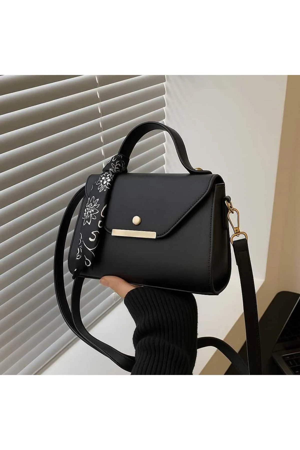 Butik Faux Leather Shoulder & Hand Bag with Scarf Detail (Black)