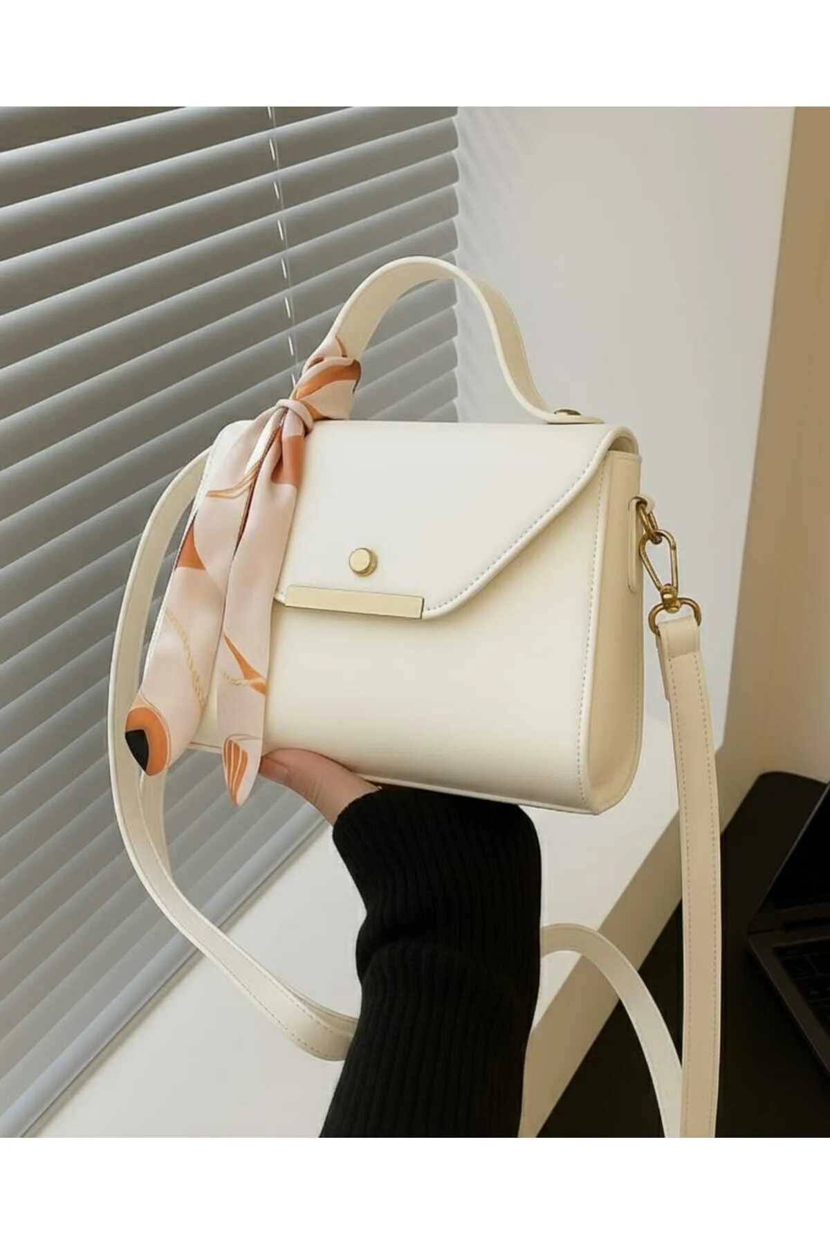 Butik Faux Leather Shoulder & Hand Bag with Scarf Detail (Cream)