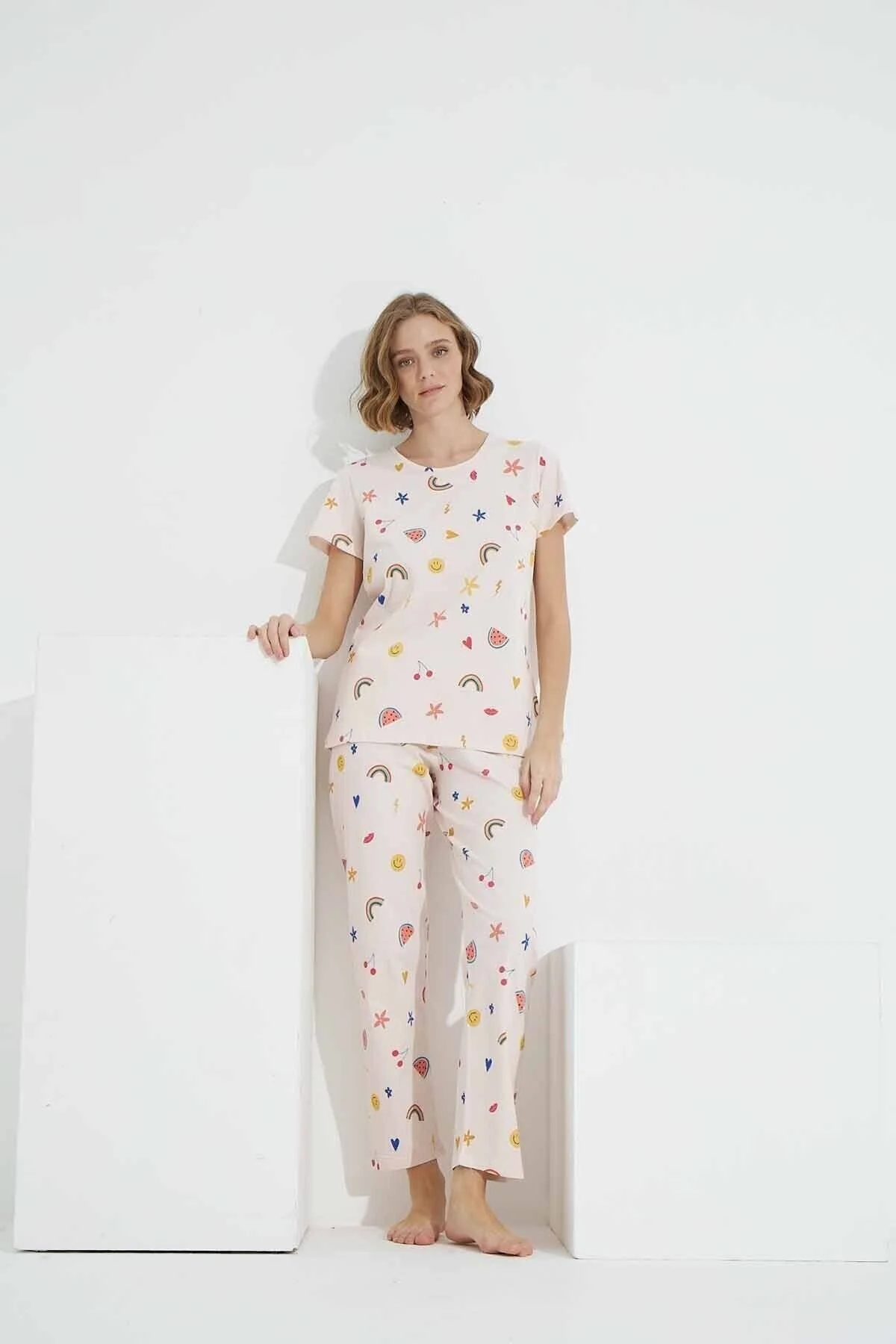 Siyah İnci Patterned Cotton Knitted Pajama Set