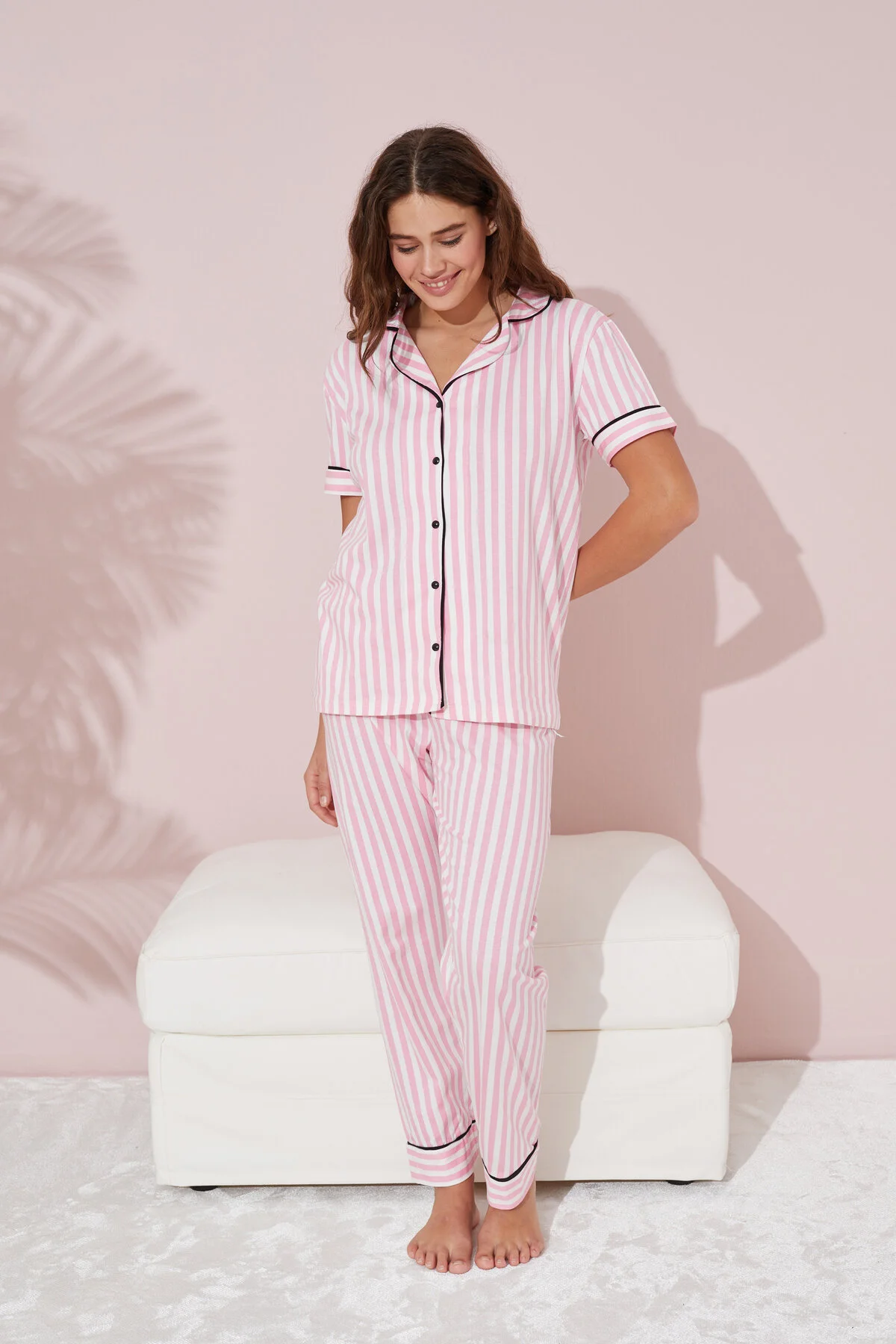 Siyah İnci Pink and White Striped Buttoned Pijama Knitted Pajama Set