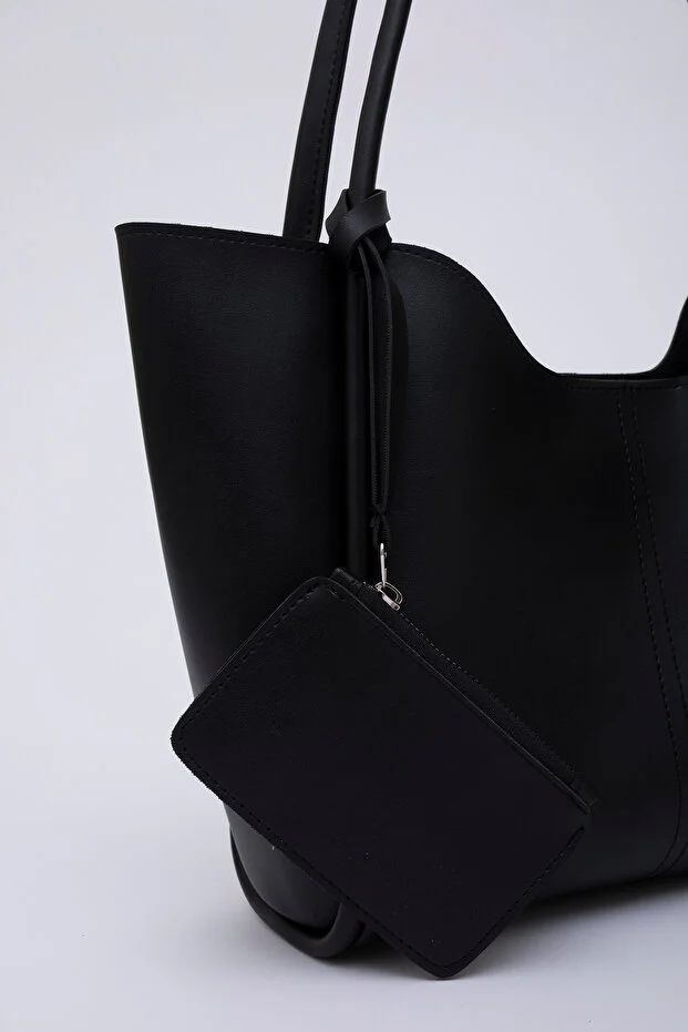 Shaka Black Shk108 Women's Hand and Shoulder Bag with Snap Fastener Faux Leather Wallet and Makeup Bag